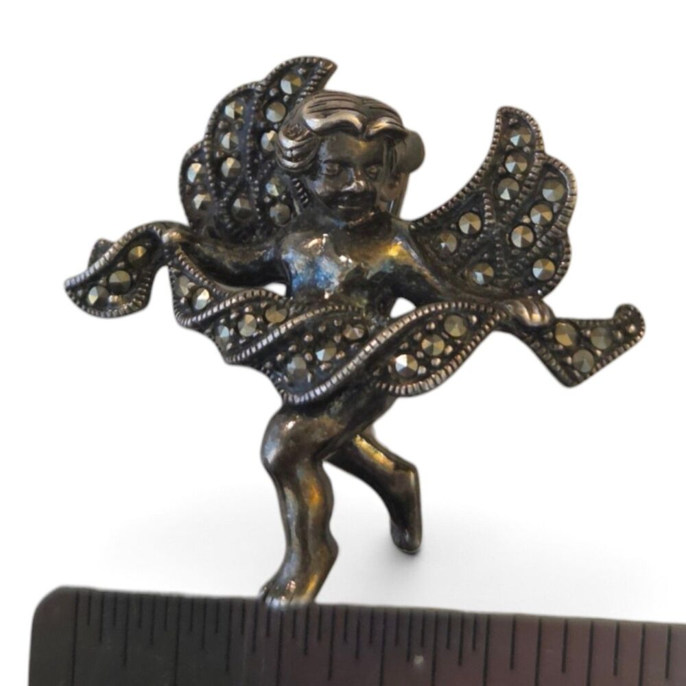 Judith Jack Sterling Silver Marcasite Cherub Angel Brooch Pin Vintage JJ